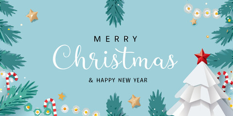 A festive christmas background featuring pine trees candy canes and a paper tree