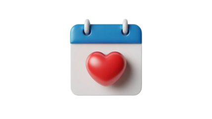 3D Calendar Icon With Red Heart Symbol love Transparent Background.