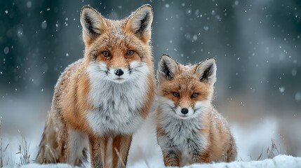 Naklejka premium Adorable red fox mother stands next to her small cub in a snowy field with soft winter light and falling snowflakes in a heartwarming scene.
