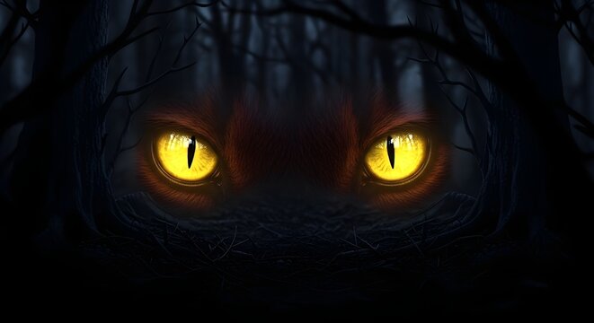 Glowing yellow predator eyes staring from the dark spooky forest at night. - Powered by Adobe
