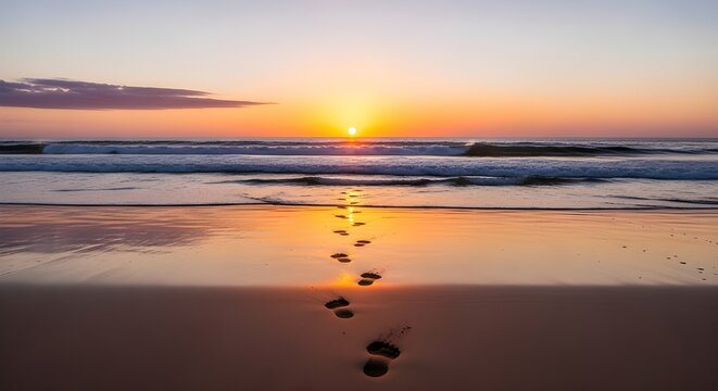 Footprints in the wet sand leading towards the ocean at sunrise. - Powered by Adobe