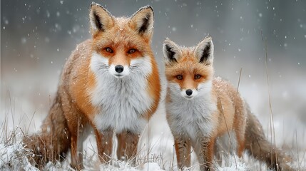 Naklejka premium Adorable red fox mother stands next to her small cub in a snowy field with soft winter light and falling snowflakes in a heartwarming scene.