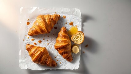 Delicious fresh croissants with butter and honey on white paper perfect breakfast food