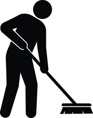 Silhouette of person sweeping floor with broom, cleaning service concept, janitor maintenance icon, sanitation and hygiene symbol