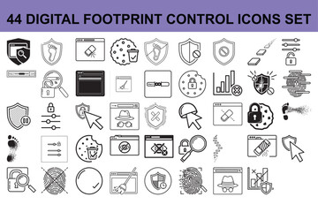 Collection of 44 Vector Icons Representing Digital Footprint Control Privacy Protection Data Security and Internet Safety in Black and White Style Isolated