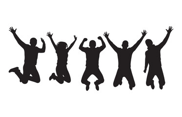 Fototapeta premium Silhouettes of five energetic people joyfully jumping high in the air together