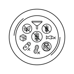 Black and white line art icon set representing common food allergy and intolerance symbols on a plate