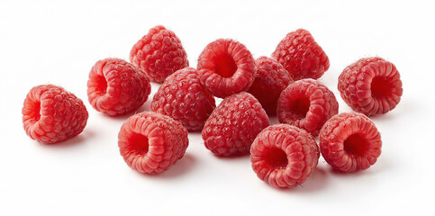 Fresh red raspberries piled together, showing detailed texture and vibrant color on a clean white background.