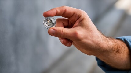 Male hand holding a silver physical Bitcoin cryptocurrency coin against a blurred background