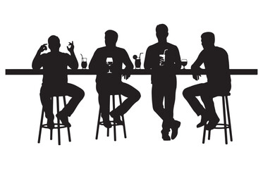 Silhouettes of four men enjoying drinks and conversation at a bar counter on stools