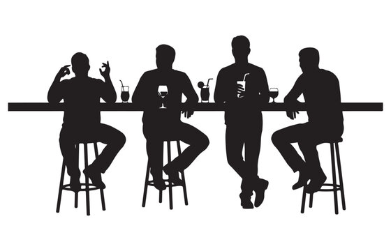 Silhouettes of four men enjoying drinks and conversation at a bar counter on stools
