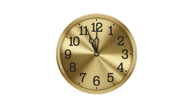 Golden Clock Face Showing Almost Midnight time metal Transparent Background Perfect for Valentine’s, love and spiritual themes. High-quality scalable PNGs for T-shirts, stickers, and digital projects.