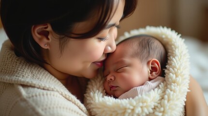 Warm moment of an Asian mother encouraging her baby’s first steps in natural sunlight at home. Family bonding, early development, love, and parent-child connection.