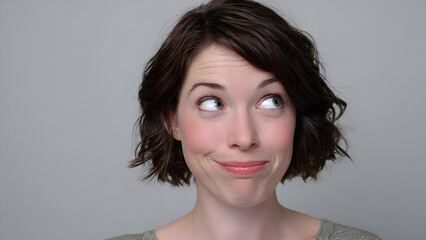 Playful Brunette's Curious Upward Glance and Suppressed Smile in a Clean Studio Portrait.