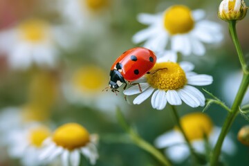 Red Ladybug Creeping on a Daisy in a Summer Garden