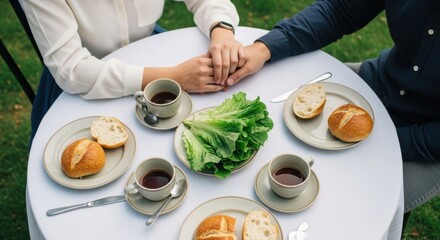 Romantic outdoor dining with caucasian male and female couple holding hands