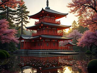 Japanese pagoda in serene garden with cherry blossoms and reflection, with copy space