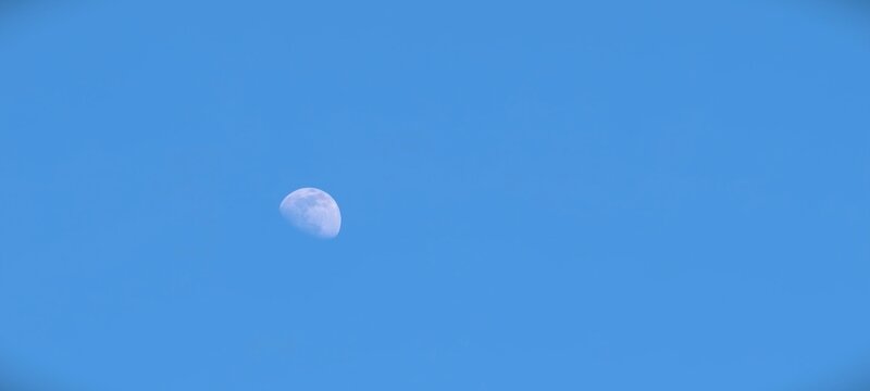 Daytime view of a waxing moon against a vibrant blue sky, showcasing detailed lunar surface features such as craters and maria. The moon is positioned slightly off-center, creating a minimalist views.