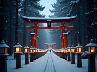 Person walking snowy path through red Torii gates and glowing lanterns.