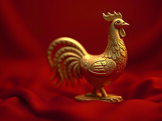 Ornate golden rooster statue on red fabric, festive background, with copy space.