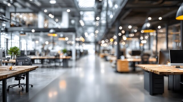 Blurred abstract office background features an open plan workspace with bright white and grey tones in an out of focus business environment.