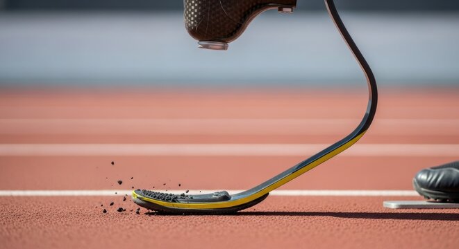 Close-up of running blade on track: adaptive sports equipment
