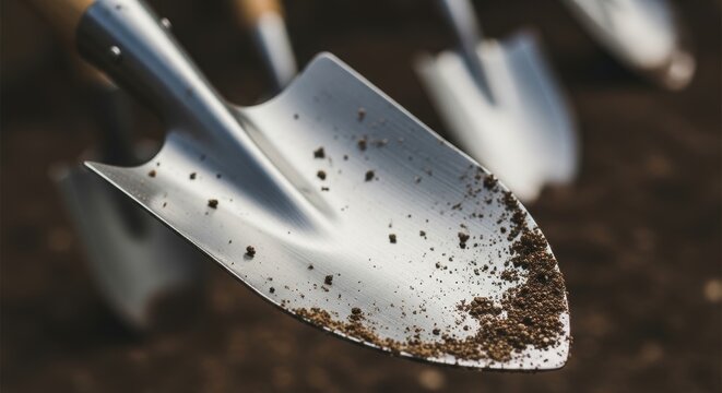 Close-up of gardening trowel with soil on blade in garden setting
