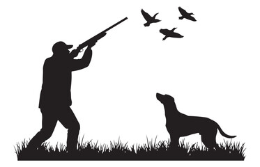 Silhouette of a hunter aiming a shotgun at flying birds with a loyal dog watching in a grassy field