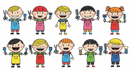 Diverse Group of Cheerful Cartoon Children as Hair Stylists and Barbers Vector Illustration