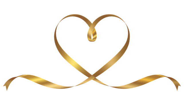 Golden Ribbon Twisted into a Heart Shape on Transparent Background.