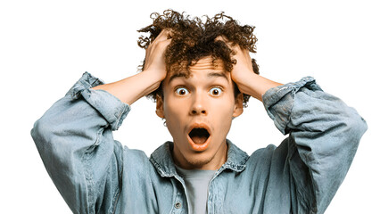 Shocked Young Man Grabs Hair, Wide Eyes, Open Mouth, Isolated White Background.