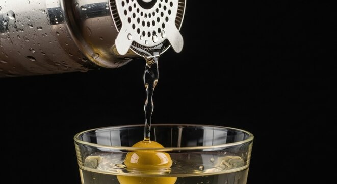 Pouring a classic martini with olive garnish in glass
