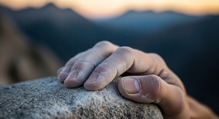 Close-up of a hand gripping a rock with rising sunlit mountains in background
