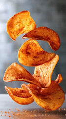 Spicy potato chips with chili seasoning floating in air, crispy texture, golden color, snack food, appetizing and dynamic