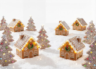 Creative Christmas Illustration with Gingerbread Houses and Cookie Trees

