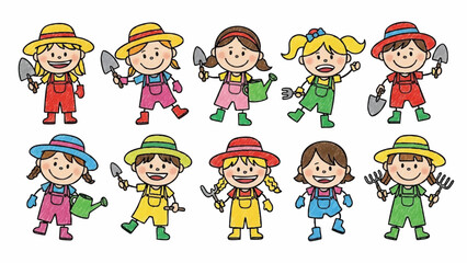 Diverse Group of Cheerful Cartoon Children Dressed for Gardening and Outdoor Play