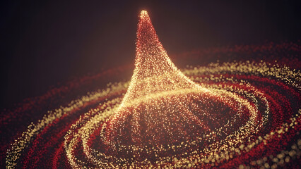 Abstract Red and Gold Particle Swirl Forming Cone or Vortex Shape