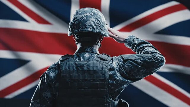 Soldier Saluting in Front of a British Flag During a Formal Ceremony