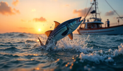 Fototapeta premium Fish leaps out of the ocean near a fishing boat during sunset.