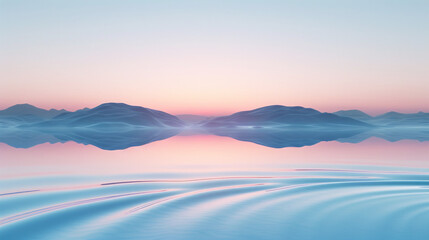 Serene minimalist landscape featuring calm water reflecting soft pastel hues of a sunrise or sunset over distant blue mountains