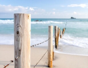 Weathered wooden posts with barbed wire run to the ocean on a sunny, bright beach