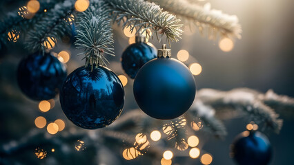 christmas tree with black balls in golden bokeh lights background