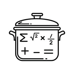 Black and white line art icon of a cooking pot with various mathematical symbols written on its surface