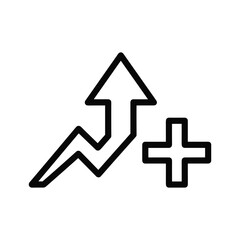 Line graph showing upward trend with plus sign icon representing growth increase or addition isolated on