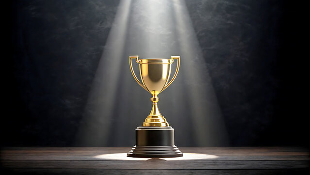 gold trophy cup on spot light