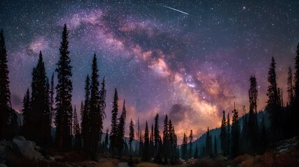 Fototapeta premium Breathtaking astrophotography of the Milky Way arching over a silhouetted forest features a bright shooting star in a purple gradient sky.