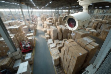Naklejka premium CCTV View of Vast Storage Facility with Pallets and Inventory