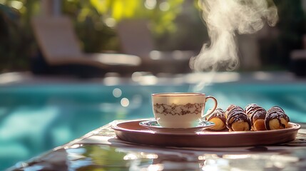 A steaming teacup and chocolate eclairs on a poolside tray