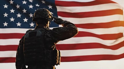 Soldier Saluting American Flag in Tribute to Military Service and Patriotism - Powered by Adobe