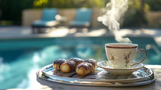 A steaming teacup and chocolate eclairs on a poolside tray - Powered by Adobe